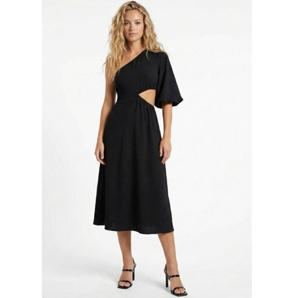 Crescent Linen one shoulder cutout waist Midi Dress Black Size M coastal chic